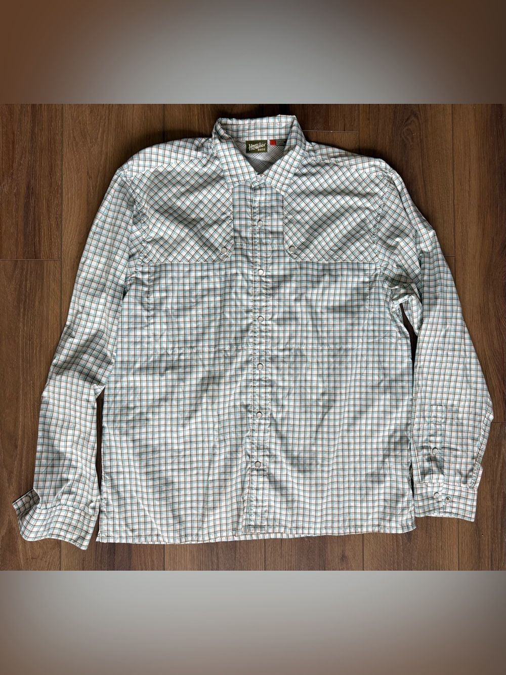 Howler Bros H Bar B Tech Longsleeve Mens L Light Blue Plaid Fishing Pearl Snap